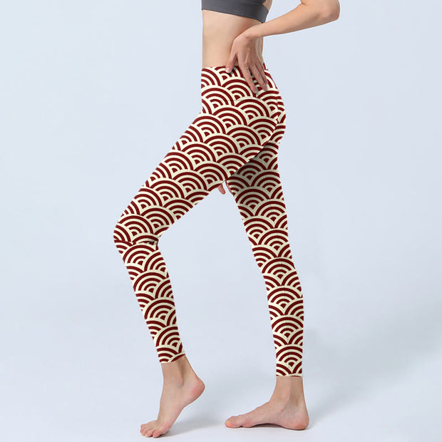 Buddha Stones Red Beige Fan Shapes Print Gym Leggings Women's Yoga Pants - image 3