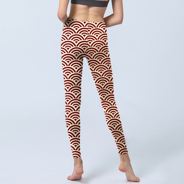 Buddha Stones Red Beige Fan Shapes Print Gym Leggings Women's Yoga Pants - image 7