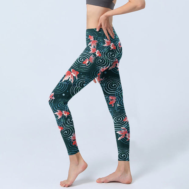 Buddha Stones Red Koi Fish Water Ripple Print Gym Leggings Women's Yoga Pants - image 3