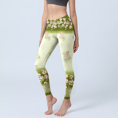 Buddha Stones Pink Flowers Green Leaves Print Gym Leggings Women's Yoga Pants - Honeydew - US18，UK/AU22，EU50 (4XL) - image 1