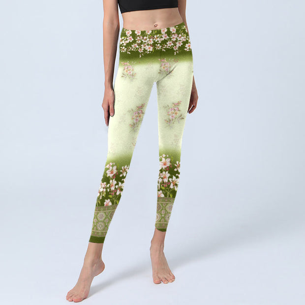Buddha Stones Pink Flowers Green Leaves Print Gym Leggings Women's Yoga Pants - image 6