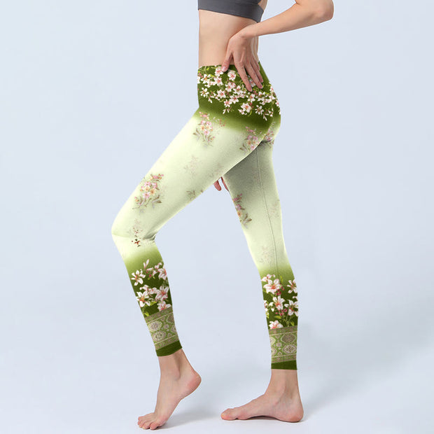 Buddha Stones Pink Flowers Green Leaves Print Gym Leggings Women's Yoga Pants - image 3
