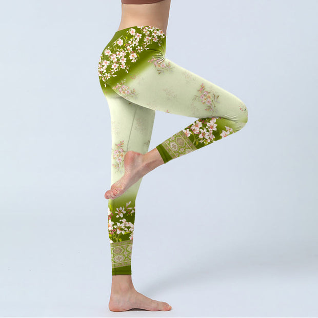 Buddha Stones Pink Flowers Green Leaves Print Gym Leggings Women's Yoga Pants - image 4
