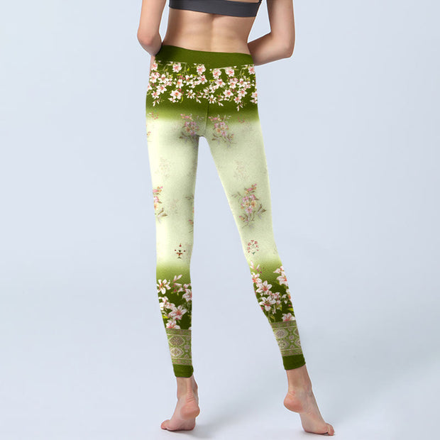 Buddha Stones Pink Flowers Green Leaves Print Gym Leggings Women's Yoga Pants - image 7