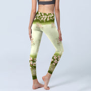 Buddha Stones Pink Flowers Green Leaves Print Gym Leggings Women's Yoga Pants - image 5