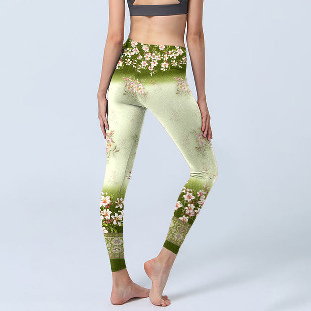 Buddha Stones Pink Flowers Green Leaves Print Gym Leggings Women's Yoga Pants - image 5