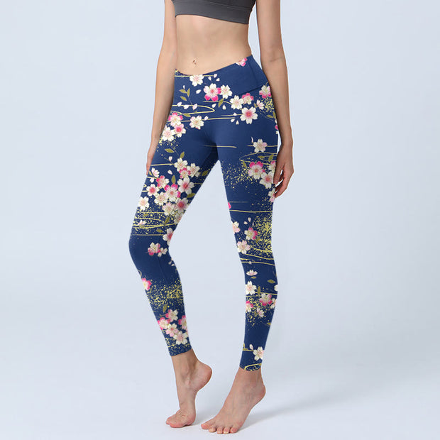 Buddha Stones Pink Magenta Flowers Green Leaves Print Gym Leggings Women's Yoga Pants - SteelBlue - US18，UK/AU22，EU50 (4XL) - image 1