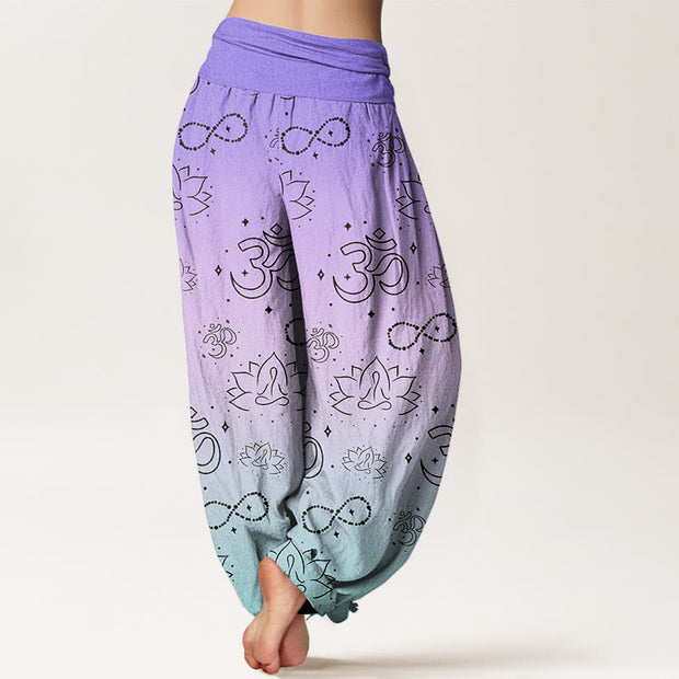 Buddha Stones OM Symbol Lotus Meditating Figure Infinity Pattern Women's Elastic Waist Harem Pants - image 2