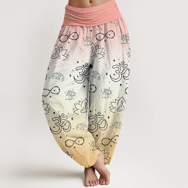 Buddha Stones OM Symbol Lotus Meditating Figure Infinity Pattern Women's Elastic Waist Harem Pants - Beige - US22，UK/AU26，EU54 (6XL) - image 9