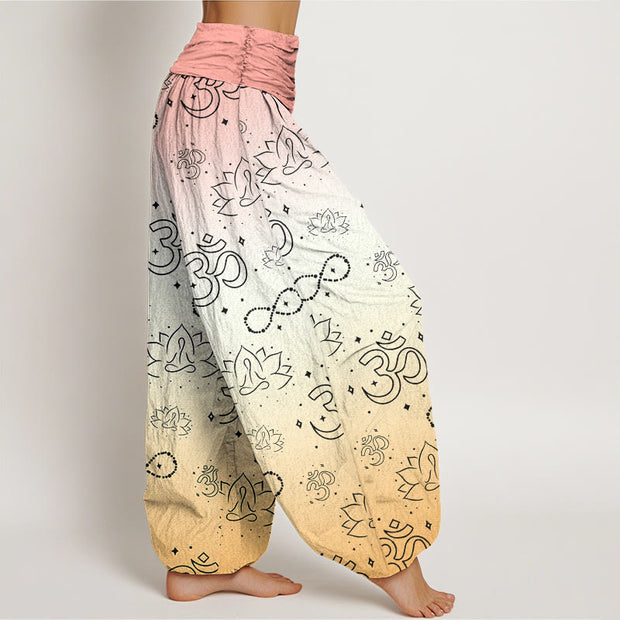Buddha Stones OM Symbol Lotus Meditating Figure Infinity Pattern Women's Elastic Waist Harem Pants - image 11