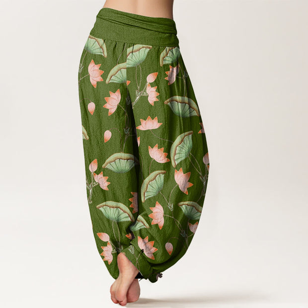 Buddha Stones Pink Lotus Flowers Lush Green Leaves Pattern Women's Elastic Waist Harem Pants - image 2