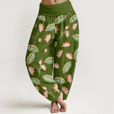 Buddha Stones Pink Lotus Flowers Lush Green Leaves Pattern Women's Elastic Waist Harem Pants - OliveDrab - US22，UK/AU26，EU54 (6XL) - image 1