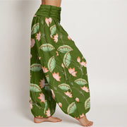 Buddha Stones Pink Lotus Flowers Lush Green Leaves Pattern Women's Elastic Waist Harem Pants - image 3