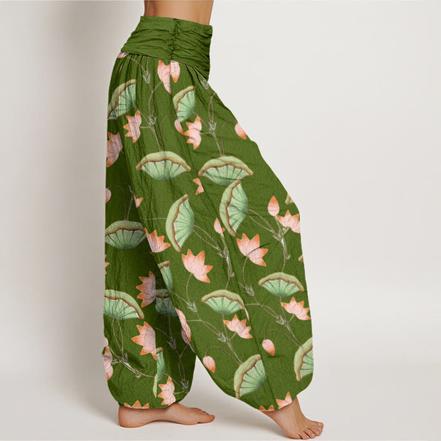 Buddha Stones Pink Lotus Flowers Lush Green Leaves Pattern Women's Elastic Waist Harem Pants - image 3