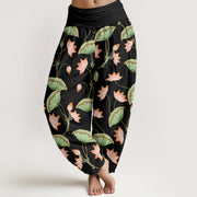Buddha Stones Pink Lotus Flowers Lush Green Leaves Pattern Women's Elastic Waist Harem Pants - Black - US22，UK/AU26，EU54 (6XL) - image 6