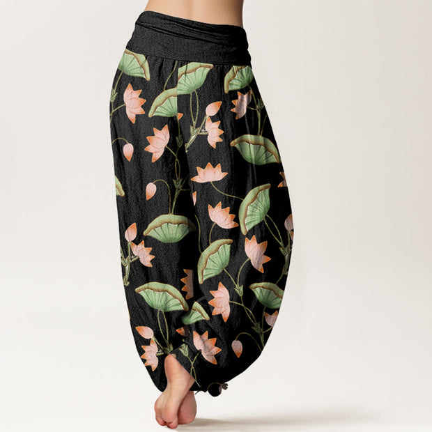 Buddha Stones Pink Lotus Flowers Lush Green Leaves Pattern Women's Elastic Waist Harem Pants - image 7