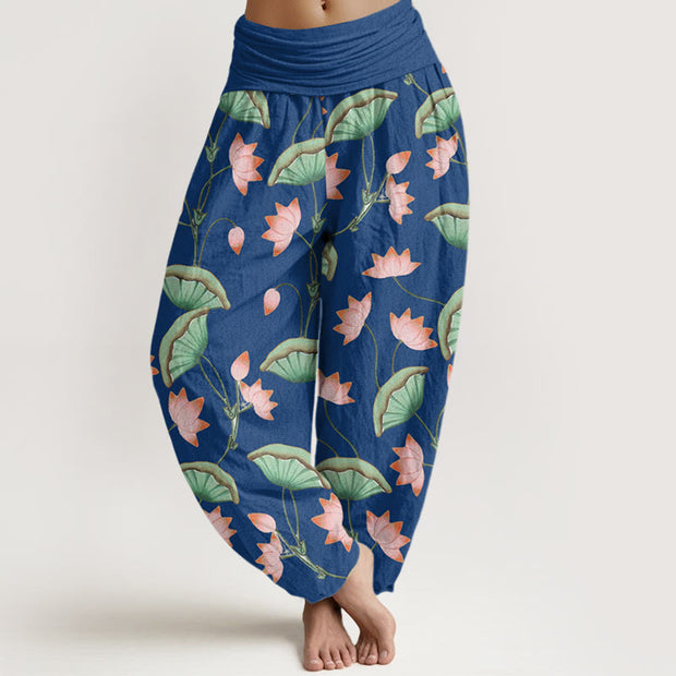 Buddha Stones Pink Lotus Flowers Lush Green Leaves Pattern Women's Elastic Waist Harem Pants - SteelBlue - US22，UK/AU26，EU54 (6XL) - image 8