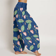 Buddha Stones Pink Lotus Flowers Lush Green Leaves Pattern Women's Elastic Waist Harem Pants - image 11