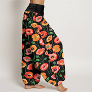 Buddha Stones Red Orange Flowers Pattern Women's Elastic Waist Harem Pants - image 3