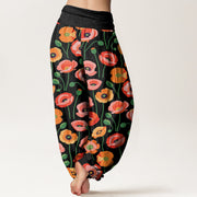 Buddha Stones Red Orange Flowers Pattern Women's Elastic Waist Harem Pants - image 2