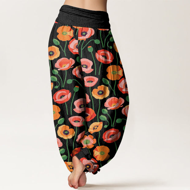 Buddha Stones Red Orange Flowers Pattern Women's Elastic Waist Harem Pants - image 2