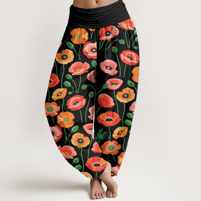 Buddha Stones Red Orange Flowers Pattern Women's Elastic Waist Harem Pants - Black - US22，UK/AU26，EU54 (6XL) - image 1