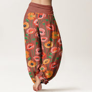 Buddha Stones Red Orange Flowers Pattern Women's Elastic Waist Harem Pants - image 7