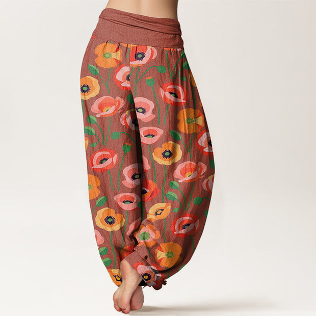 Buddha Stones Red Orange Flowers Pattern Women's Elastic Waist Harem Pants - image 7