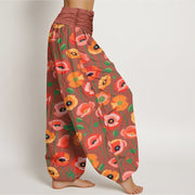 Buddha Stones Red Orange Flowers Pattern Women's Elastic Waist Harem Pants - image 8