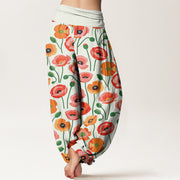 Buddha Stones Red Orange Flowers Pattern Women's Elastic Waist Harem Pants - image 10