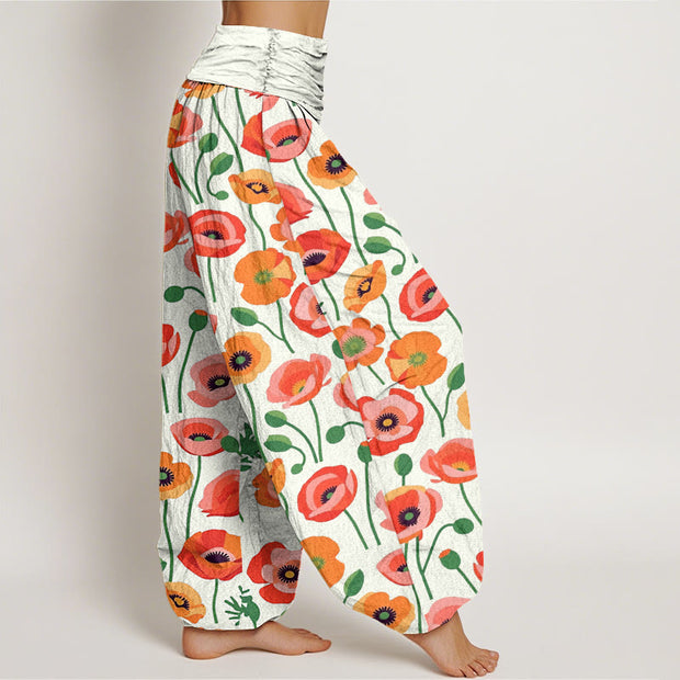 Buddha Stones Red Orange Flowers Pattern Women's Elastic Waist Harem Pants - image 11