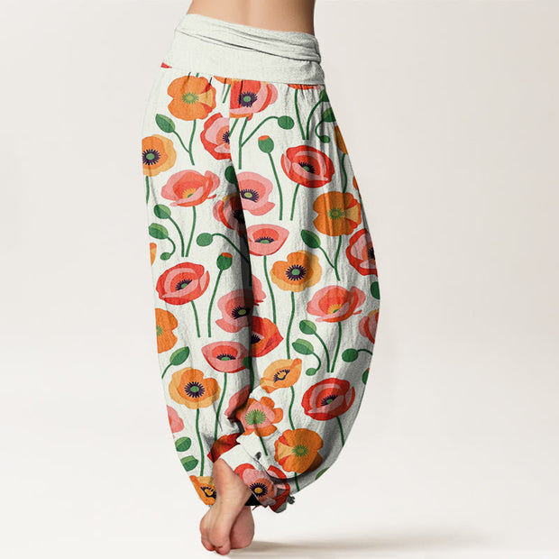Buddha Stones Red Orange Flowers Pattern Women's Elastic Waist Harem Pants - image 10