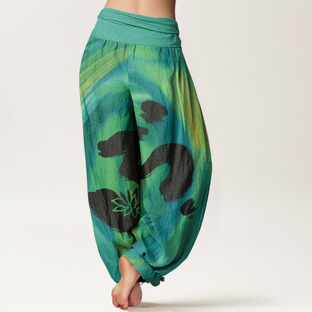 Buddha Stones OM Symbol Lotus Flower Pattern Women's Elastic Waist Harem Pants - image 2