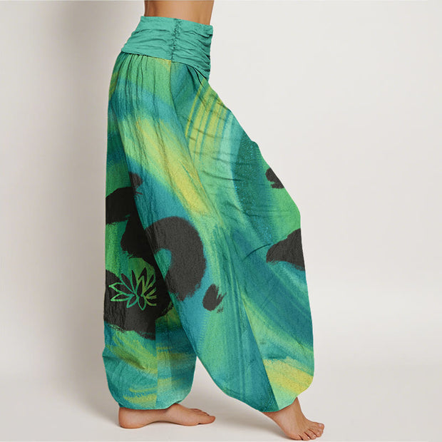 Buddha Stones OM Symbol Lotus Flower Pattern Women's Elastic Waist Harem Pants - image 3
