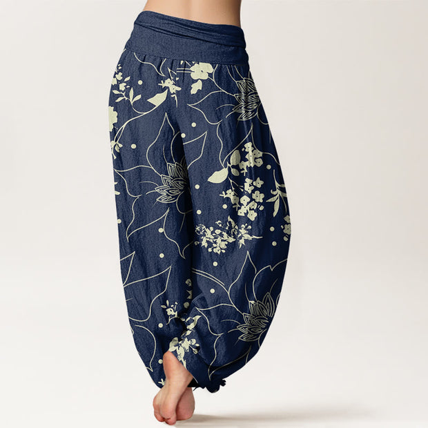 Buddha Stones Beige Large Petal Flowers Blossoms Pattern Women's Elastic Waist Harem Pants - image 2