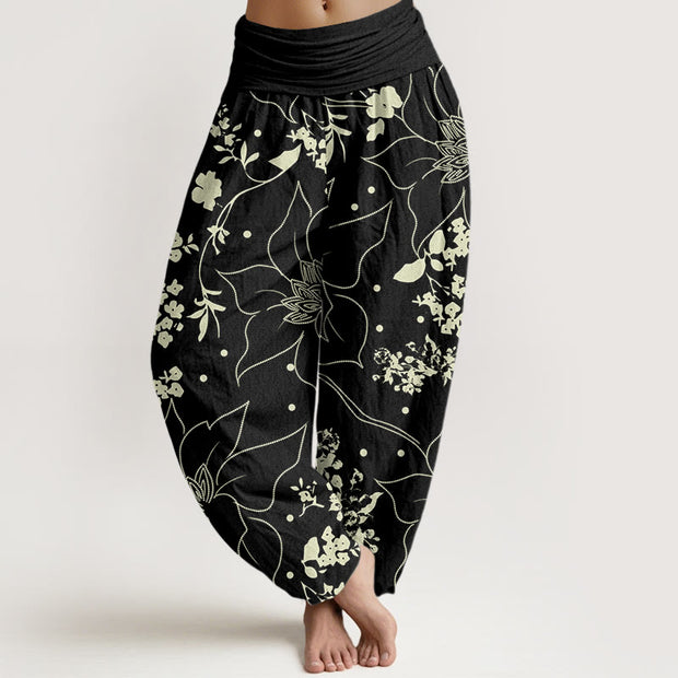 Buddha Stones Beige Large Petal Flowers Blossoms Pattern Women's Elastic Waist Harem Pants - Black - US22，UK/AU26，EU54 (6XL) - image 5