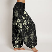 Buddha Stones Beige Large Petal Flowers Blossoms Pattern Women's Elastic Waist Harem Pants - image 8
