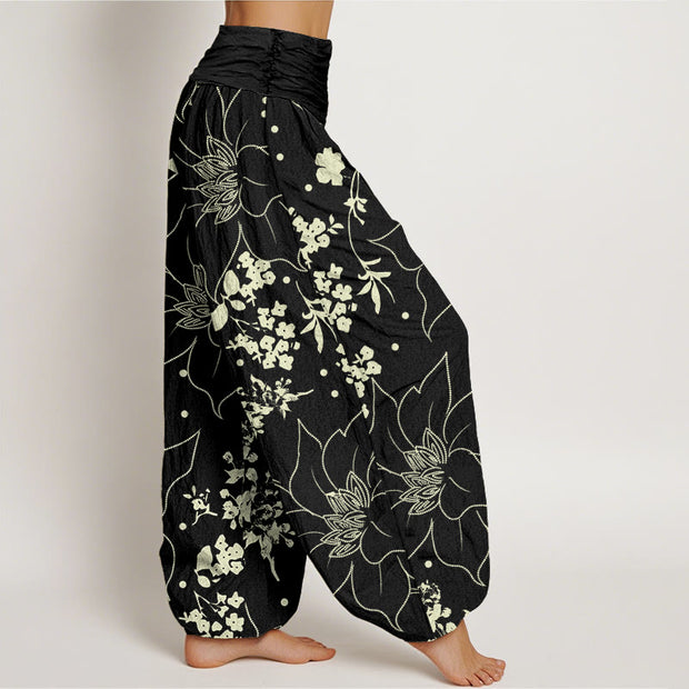 Buddha Stones Beige Large Petal Flowers Blossoms Pattern Women's Elastic Waist Harem Pants - image 8