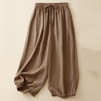 Buddha Stones Simple Embroidery 7-8 Length Cropped Women's Cotton Linen Harem Pants With Pockets - Tan - US8-10，UK/AU12-14，EU40-42 (2XL) - image 1