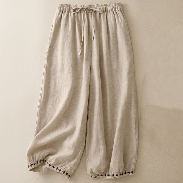 Buddha Stones Simple Embroidery 7-8 Length Cropped Women's Cotton Linen Harem Pants With Pockets - Linen - US8-10，UK/AU12-14，EU40-42 (2XL) - image 7