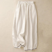 Buddha Stones Simple Embroidery 7-8 Length Cropped Women's Cotton Linen Harem Pants With Pockets - White - US8-10，UK/AU12-14，EU40-42 (2XL) - image 26