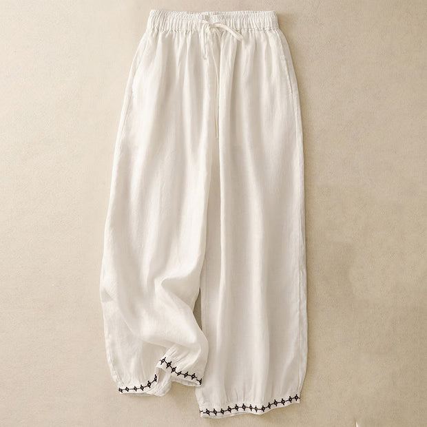 Buddha Stones Simple Embroidery 7-8 Length Cropped Women's Cotton Linen Harem Pants With Pockets - White - US8-10，UK/AU12-14，EU40-42 (2XL) - image 26