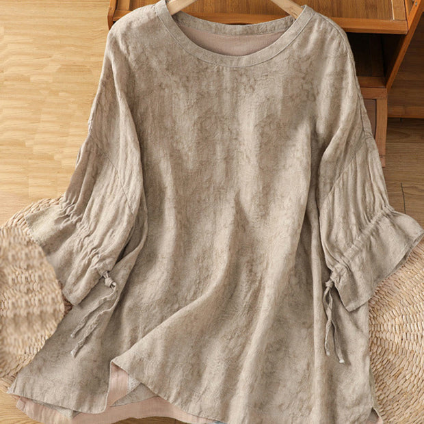 Buddha Stones Casual Crew Neck Women's Lace-up Half Sleeve Shirt - Wheat - US14，UK/AU18，EU46 (2XL) - image 1