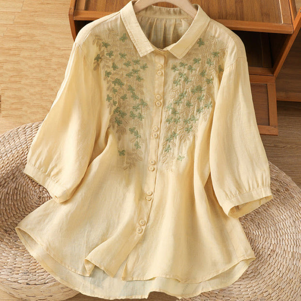 Buddha Stones Leaf Embroidery Cotton Buttons Half Sleeve Women's Shirt - Cornsilk - US12，UK/AU16，EU44 (2XL) - image 11