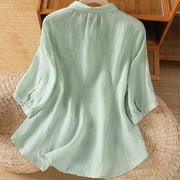 Buddha Stones Leaf Embroidery Cotton Buttons Half Sleeve Women's Shirt - image 2