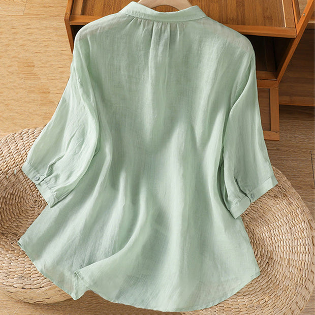 Buddha Stones Leaf Embroidery Cotton Buttons Half Sleeve Women's Shirt - image 2