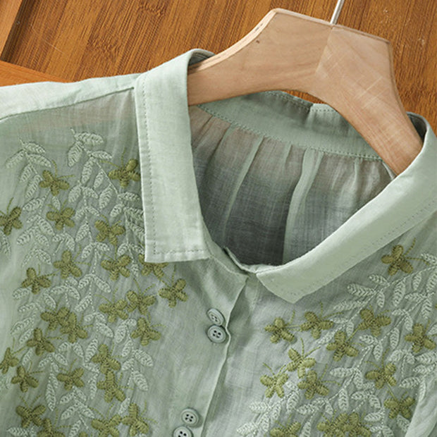 Buddha Stones Leaf Embroidery Cotton Buttons Half Sleeve Women's Shirt - image 5