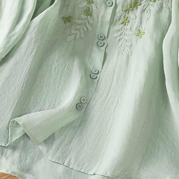 Buddha Stones Leaf Embroidery Cotton Buttons Half Sleeve Women's Shirt - image 9