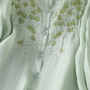 Buddha Stones Leaf Embroidery Cotton Buttons Half Sleeve Women's Shirt - image 7