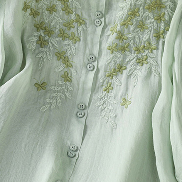 Buddha Stones Leaf Embroidery Cotton Buttons Half Sleeve Women's Shirt - image 7
